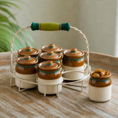 Image 1 of Default Title for the product ExclusiveLane Old Martaban Ceramic Pickle Jars with Holder Set of 7, 120 gram, 8.9 cm Mini Jars