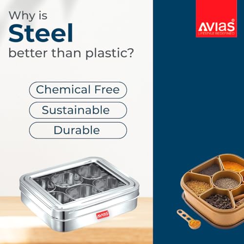 Image 4 of AVIAS 6-in-1 Stainless Steel Masala/Spice Box, See-Through Lid, Plain