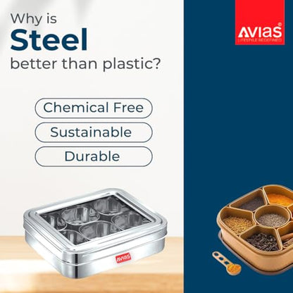 Image 4 of AVIAS 6-in-1 Stainless Steel Masala/Spice Box, See-Through Lid, Plain
