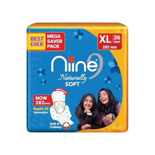 Image 1 of 36 Count (Pack of 1) for the product Niine Naturally Soft XL Sanitary Pads for Women | 282mm Long | Cottony Soft Top Cover | Anti Leak Lock Channel| 2X Absorbent| for Heavy Flow| 36 Pads