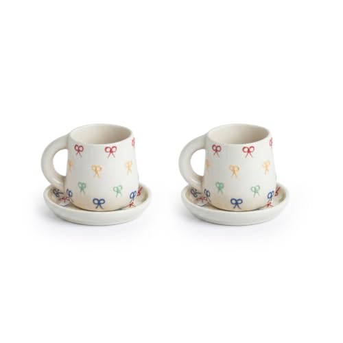 Image 2 of ExclusiveLane Ribbon Bow Hand Embossed Ceramic Tea Cup with Saucer Set of 2 335 ml Microwave Safe