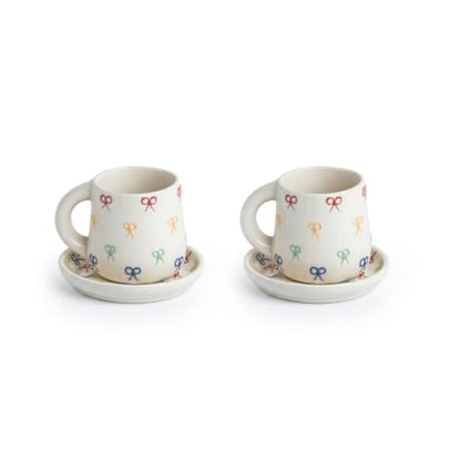 Image 2 of ExclusiveLane Ribbon Bow Hand Embossed Ceramic Tea Cup with Saucer Set of 2 335 ml Microwave Safe
