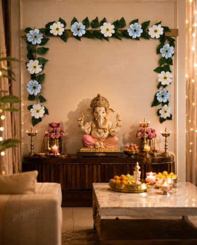 Image 6 of Divyakosh Mango Leaf Vine with White & Blue Cosmos Flowers (6.5 FT) for Door Entrance Deﾌ…or Creeper | Artificial Flowers Garland,Thoran,Festive Puja Wall Hanging for Diwali Navratri Ganpati Home Deﾌ…or