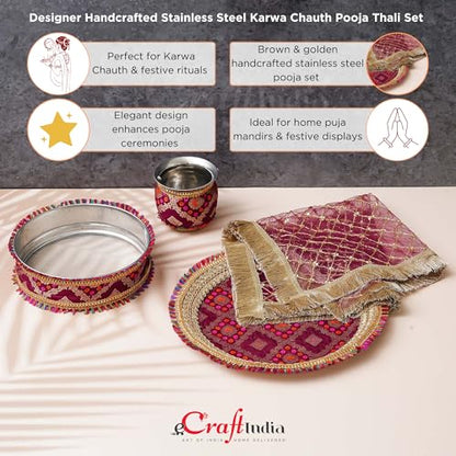 Image 6 of eCraftIndia Brown and Golden Decorative Handcrafted Stainless Steel Karwa Chauth Pooja Thali Set with Plate, Chalni, Lota & Chunri