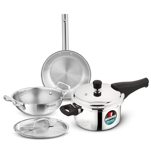 Image 1 of Default Title for the product BERGNER TriPro 4 Pcs Tri-Ply Stainless Steel Cookware Combo - 24cm/3L Kadai, 22cm/1L Frypan, 3L Pressure Cooker