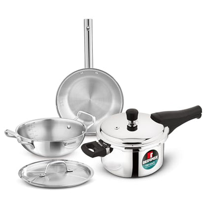 Image 1 of Default Title for the product BERGNER TriPro 4 Pcs Tri-Ply Stainless Steel Cookware Combo - 24cm/3L Kadai, 22cm/1L Frypan, 3L Pressure Cooker