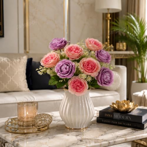 Image 3 of Divyakosh Artificial Flowers Bunch (Vase Not Included). Artificial Flower for Vase Flower Bouquet Gift Lavender & Coral Peach Peony Bouquet for Living Room Office Dining Table Centerpiece