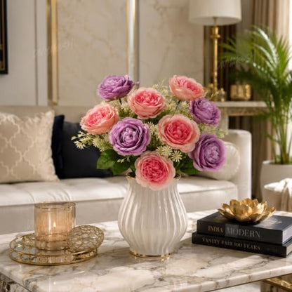 Image 3 of Divyakosh Artificial Flowers Bunch (Vase Not Included). Artificial Flower for Vase Flower Bouquet Gift Lavender & Coral Peach Peony Bouquet for Living Room Office Dining Table Centerpiece