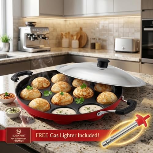 Image 3 of SJE WARE Non-Stick Aluminium Appam Patra 12 Cavity with Lighter, Red