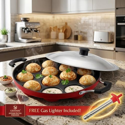 Image 3 of SJE WARE Non-Stick Aluminium Appam Patra 12 Cavity with Lighter, Red