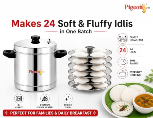 Image 6 of Pigeon Classic Stainless Steel Idli Cooker with Whistle Indicator | Idly Cooker Pot | Steel Idli Maker with Silver Lid - 6 Plates (for 24 Idlies)