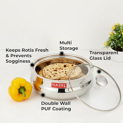 Image 5 of HAZEL Stainless Steel Roti Casserole with Glass Lid 2500 ml
