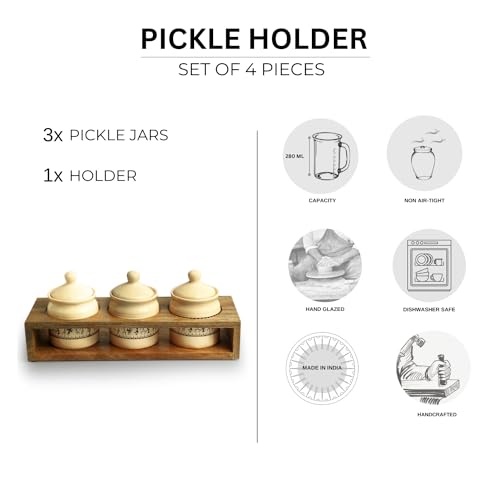Image 5 of ExclusiveLane Art Of Warli Ceramic Pickle Jars With Wooden Holder Set of 3, 280 ml