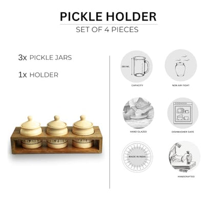 Image 5 of ExclusiveLane Art Of Warli Ceramic Pickle Jars With Wooden Holder Set of 3, 280 ml