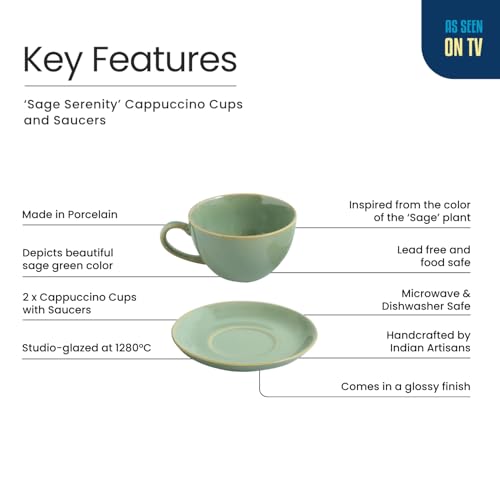 Image 4 of ExclusiveLane Sage Serenity Hand Glazed Porcelain Tea Cups Set of 2 with Saucer 280 ML