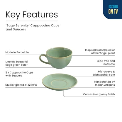 Image 4 of ExclusiveLane Sage Serenity Hand Glazed Porcelain Tea Cups Set of 2 with Saucer 280 ML