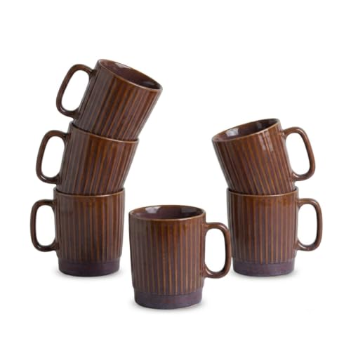 Image 2 of ExclusiveLane Mocha Ribbed Ceramic Coffee Mugs Set of 6 330 ml