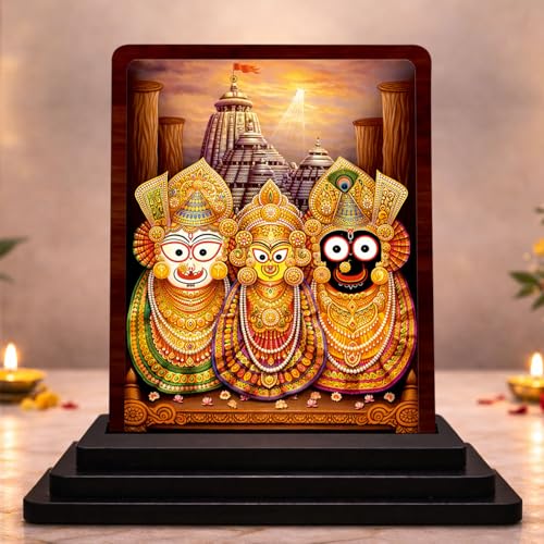 Image 1 of Default Title for the product Jagannath Balabhadra Subhadra Small Wooden Idol 4x5 Inch Serene Meditation HD Printed Home Decor