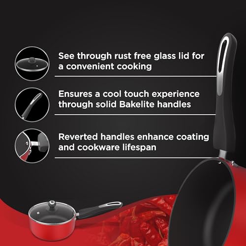 Image 3 of Preethi Dura Collection Non Stick Milk Pan | 16 cm | 5 Star Non Stick | Gas & Induction Compatible | Chilly Red | 1L | 1 Piece | Aluminium