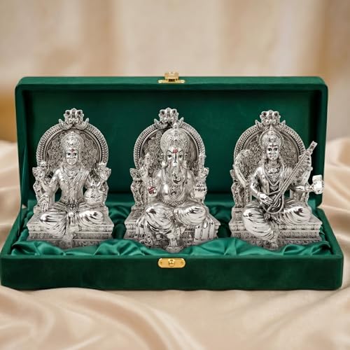 Image 1 of Default Title for the product Dev Aastha 999 Silver Plated Lakshmi Ganesh Saraswati Idol for Diwali Decor 3.7 Inch