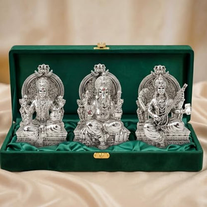 Image 1 of Default Title for the product Dev Aastha 999 Silver Plated Lakshmi Ganesh Saraswati Idol for Diwali Decor 3.7 Inch