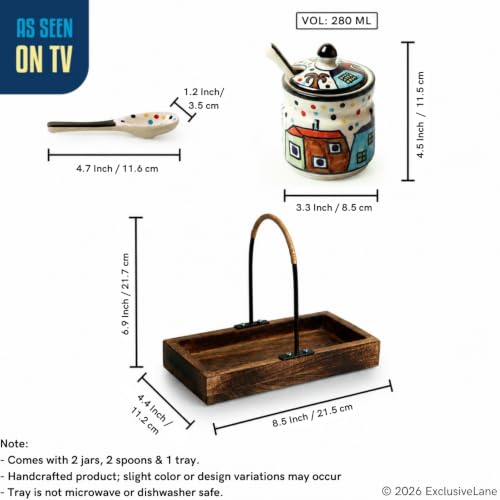Image 7 of ExclusiveLane Hut Handpainted Ceramic Pickle Jars with Spoon & Wooden Holder Set of 2, 280 ml