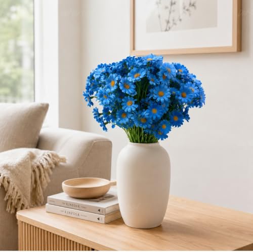 Image 4 of Divyakosh Artificial Daisy Flowers Bunch for Home Decor, Pack of 5 with 150 Blue Flowers, Faux Floral Arrangement for Vase, Living Room, Wedding, Festive & Party Decoration