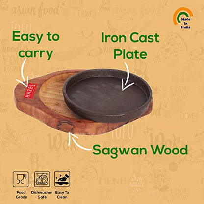 Image 3 of HAZEL Small Sizzling Brownie Sizzler Plate/Tray with Wooden Base Round 5 inch
