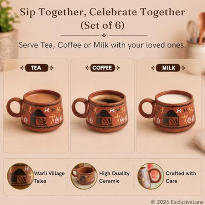 Image 4 of ExclusiveLane Warli Village Tales Ceramic Tea Cups Set of 6 (150 ml)
