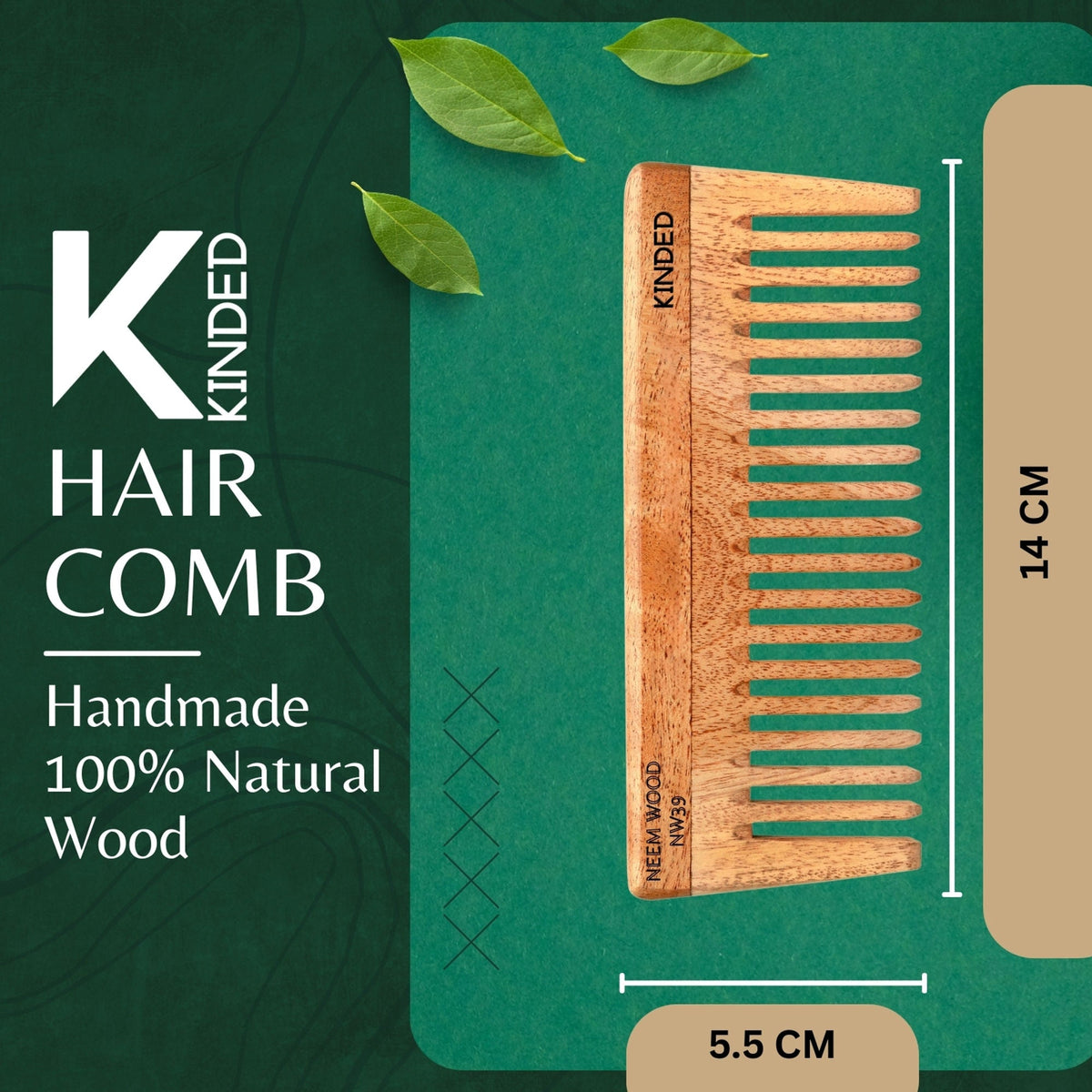 Image 2 of KINDED Handmade Oil Treated Wooden Hair Comb - Neem Wood NW39, Wide Tooth