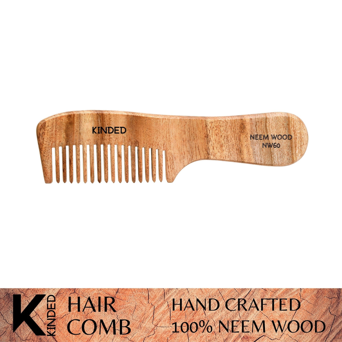 Image 1 of 1pcs for the product KINDED Handmade Oil Treated Wooden Hair Comb - Neem Wood NW60, Regular Tooth Comb with Handle