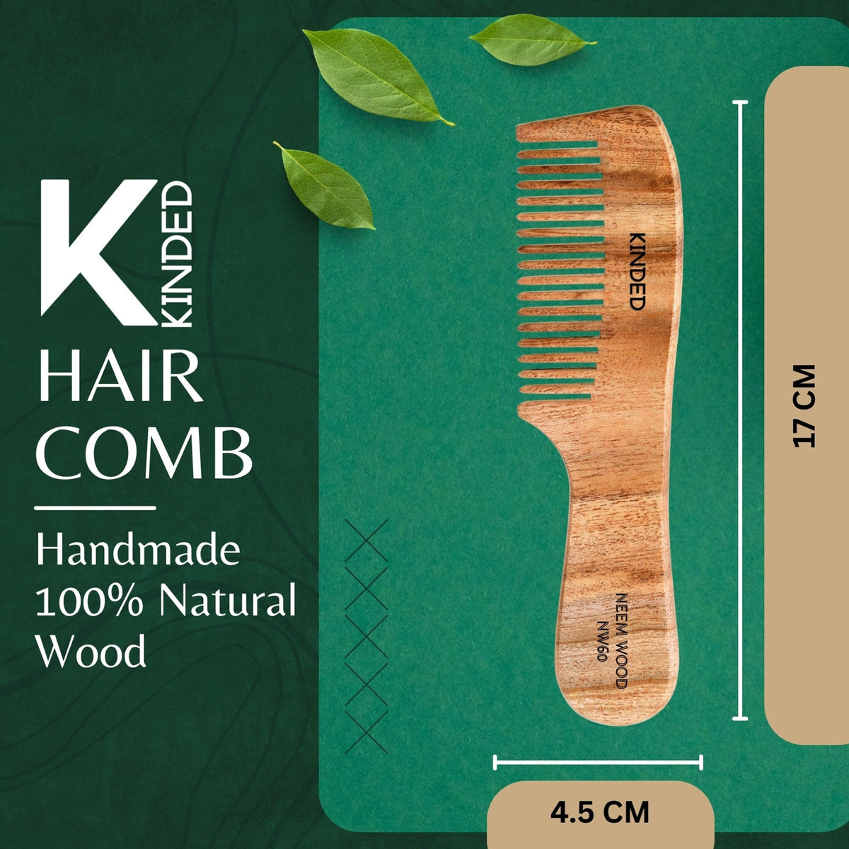 Image 2 of KINDED Handmade Oil Treated Wooden Hair Comb - Neem Wood NW60, Regular Tooth Comb with Handle