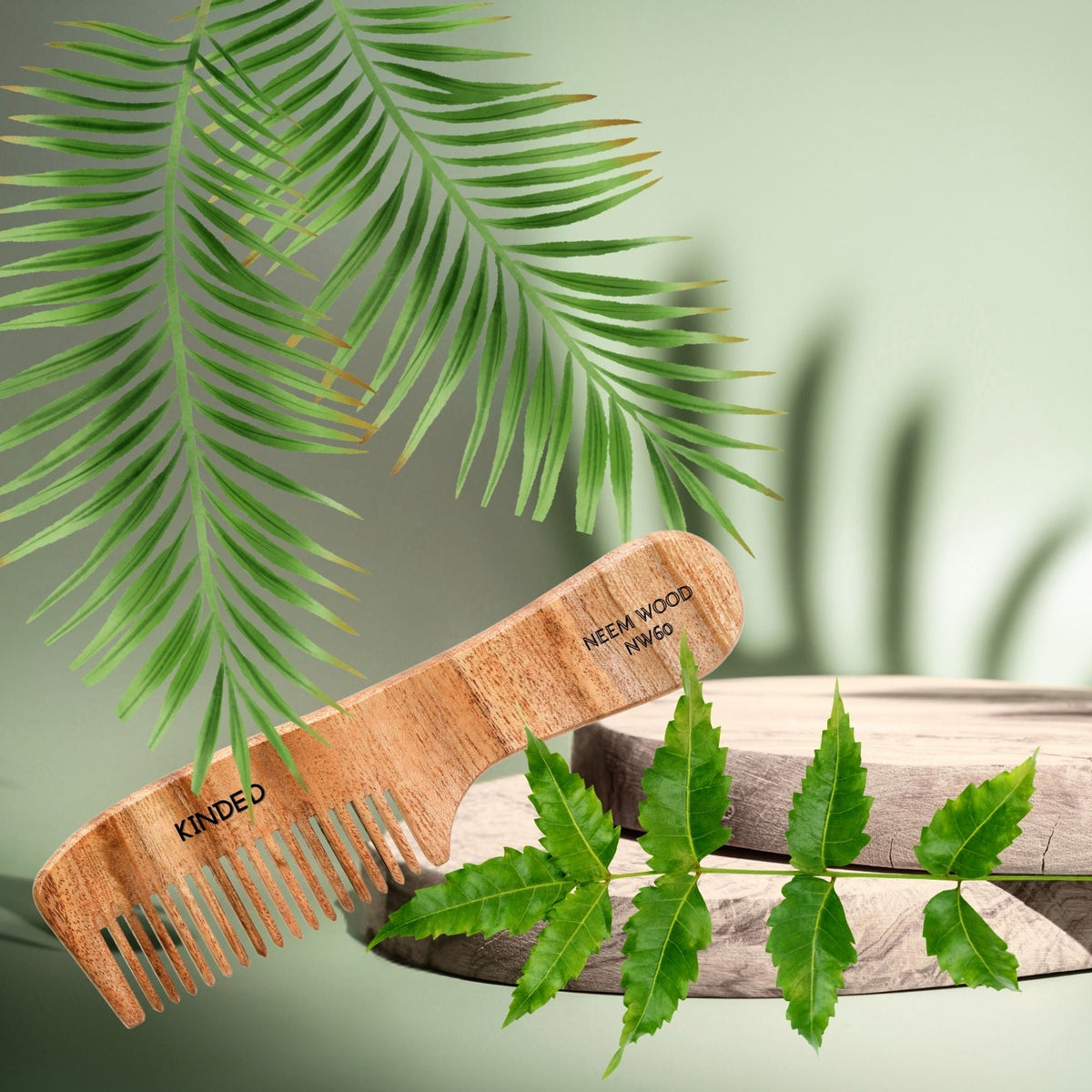 Image 4 of KINDED Handmade Oil Treated Wooden Hair Comb - Neem Wood NW60, Regular Tooth Comb with Handle