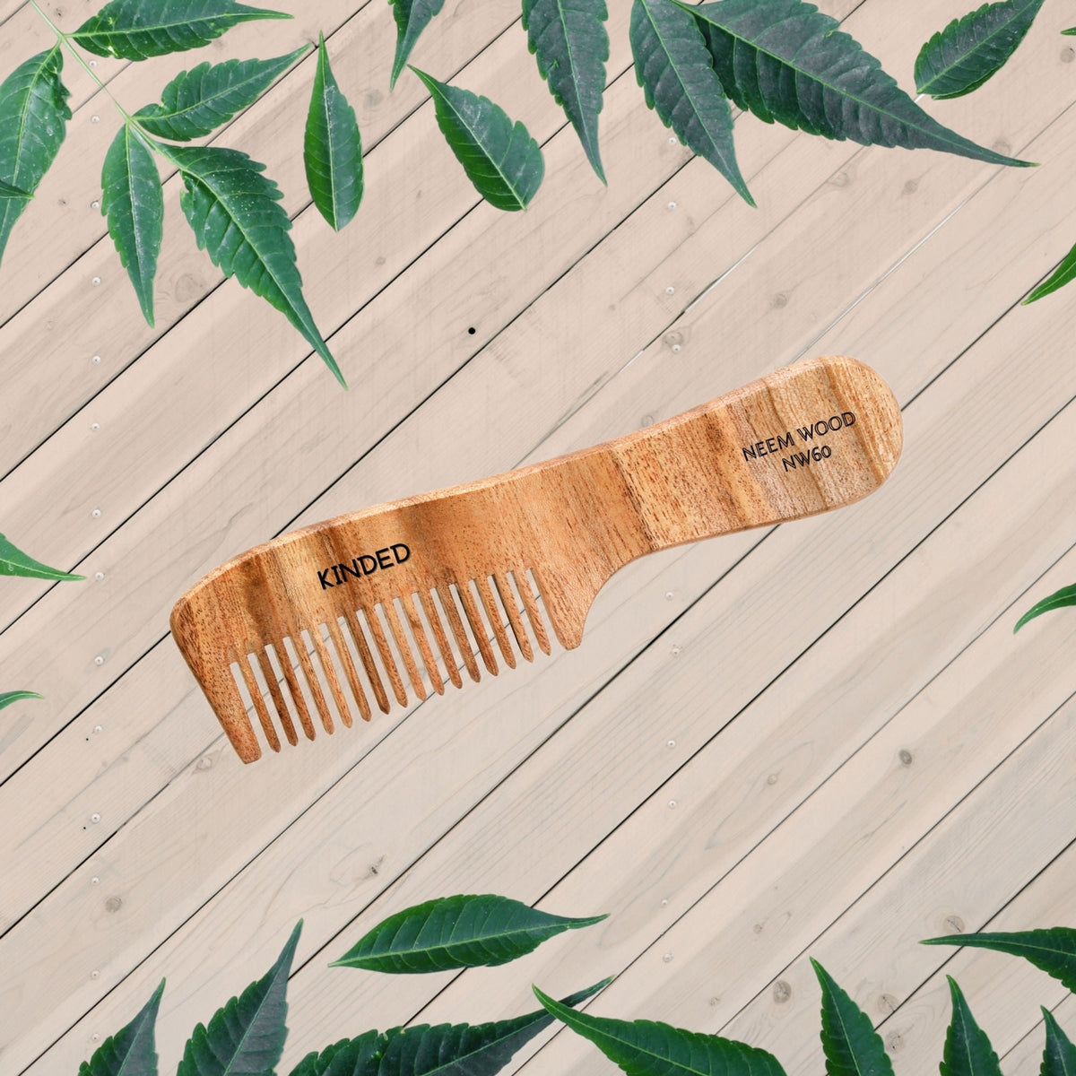 Image 7 of KINDED Handmade Oil Treated Wooden Hair Comb - Neem Wood NW60, Regular Tooth Comb with Handle
