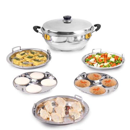 Image 2 of 3 Litre for the product The Indus Valley Stainless Steel Idli Maker/Momo Maker/Multi Kadai/Steamer Set|Large, 5 Plates, 2 Idli|2 Dhokla|1 Steamer|29Cm/11.3 Inch, 4.2Ltr, 2.5Kg|3-Layer Thick Bottom|Induction Friendly