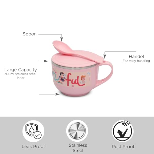 Image 3 of Jaypee Plus Stainless Steel Disney Princess Souptok Prime Soup Bowl with Lid & Spoon, 700 Ml