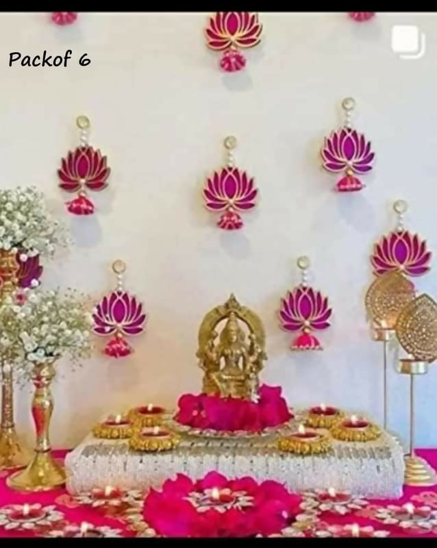 Image 1 of Pack of 6 for the product Divyakosh Handmade Lotus Hanging Decoration – Set of 6 Pink/Rani