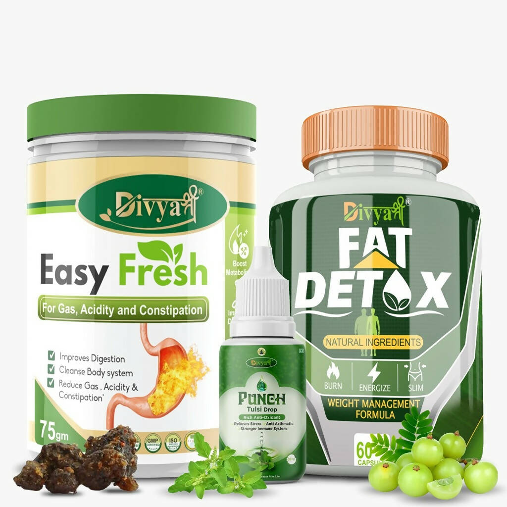 Image 1 of Kit for the product Divya Shree Fat Detox Capsule + Easy Fresh Powder & Punch Tulsi Drop Gas Combo Kit