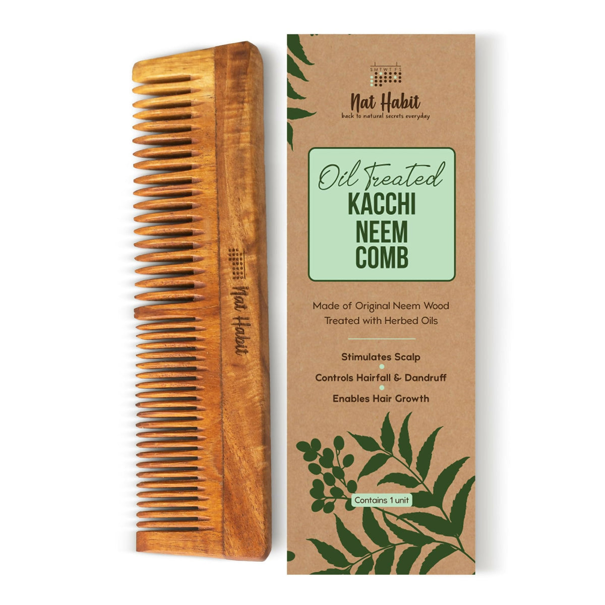 Image 1 of Nat Habit Kacchi Neem Wooden Comb - Soaked In 13 Herbs, Neem & Sesame Oil For Multi-Actions