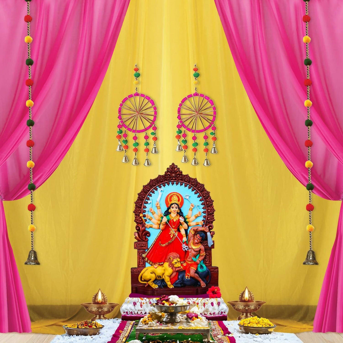 Image 7 of Party Propz Ganpati Backdrop Decoration Set – 12 Pcs Pink & Yellow Satin Pooja Cloth