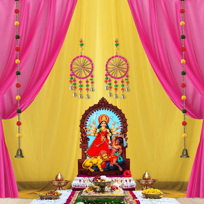Image 7 of Party Propz Ganpati Backdrop Decoration Set – 12 Pcs Pink & Yellow Satin Pooja Cloth