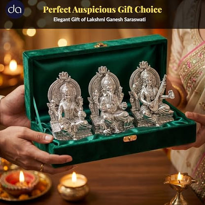 Image 7 of Dev Aastha 999 Silver Plated Lakshmi Ganesh Saraswati Idol for Diwali Decor 3.7 Inch