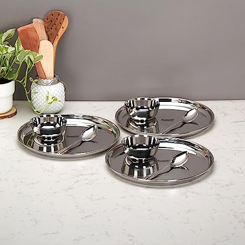 Image 1 of Default Title for the product Sumeet Stainless Steel Heavy Gauge Mirror Finish Dinner Set of 9 Pcs (3 Plate, 3 Bowl/Wati, 3 Spoon), Silver