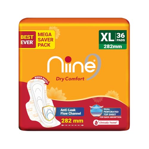Image 1 of XL Pack of 1 (36 Pads) for the product Niine Dry Comfort XL Sanitary Pads for Women |36 Pads, Pack of 1| 282 mm Long| Fast Absorption| Prevents Wetness & Leakage| Enjoy Leak-free Periods |With Anti-Leak Flow Channel