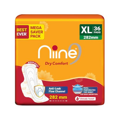 Image 1 of XL Pack of 1 (36 Pads) for the product Niine Dry Comfort XL Sanitary Pads for Women |36 Pads, Pack of 1| 282 mm Long| Fast Absorption| Prevents Wetness & Leakage| Enjoy Leak-free Periods |With Anti-Leak Flow Channel