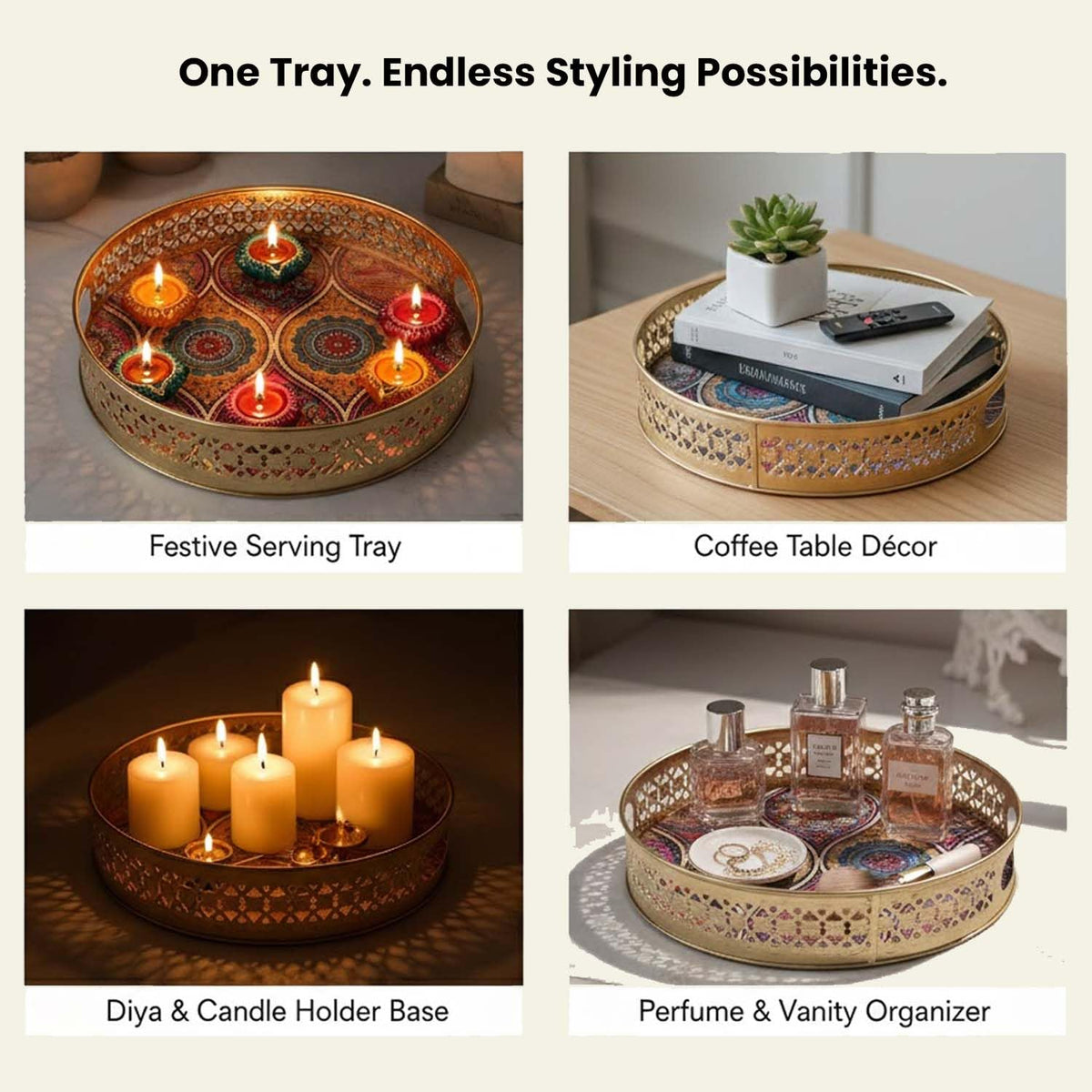 Image 5 of Go Hooked Gold Metal Decorative Tray Set of 2 | Round Mandala Pattern Accent Trays for Home Décor, Festive Styling, Luxury Display for Living Room, Bedroom & Entryway (8/10 Inch)