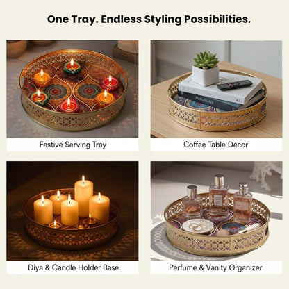 Image 5 of Go Hooked Gold Metal Decorative Tray Set of 2 | Round Mandala Pattern Accent Trays for Home Décor, Festive Styling, Luxury Display for Living Room, Bedroom & Entryway (8/10 Inch)