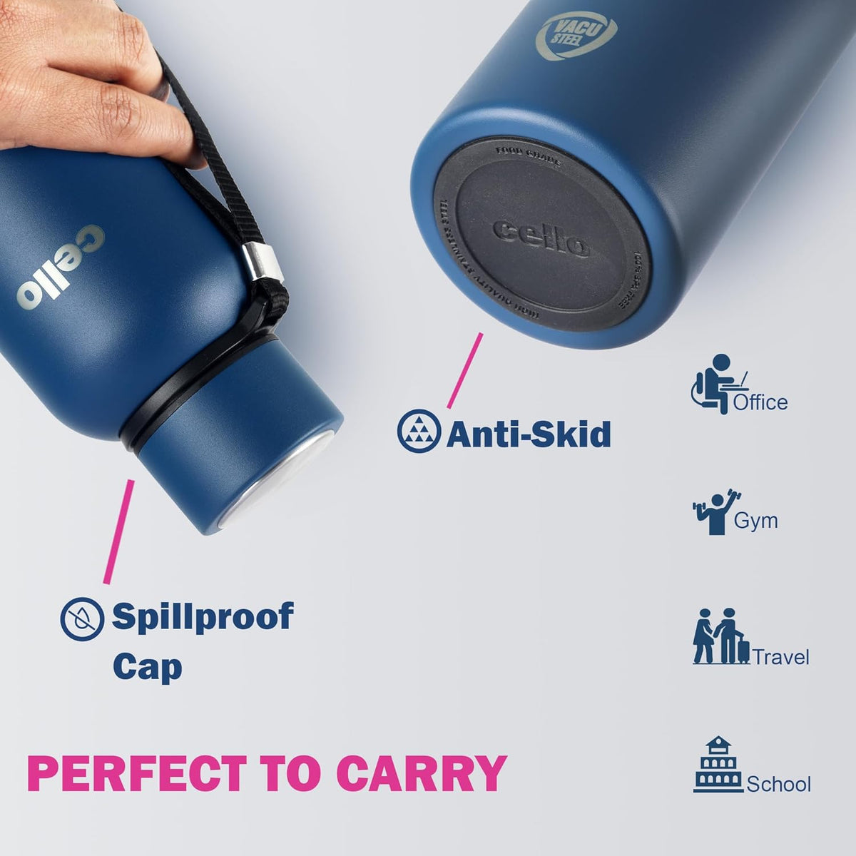 Image 6 of CELLO Duro Kent Insulated Stainless Steel Flask Water Bottle for Daily Use 750 ml, Dark Blue