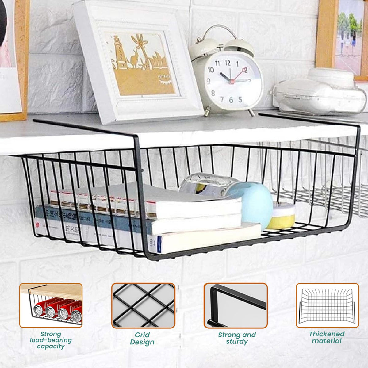 Image 5 of Go Hooked 12 Inch Undershelf Storage Basket Pack of 2 | Multipurpose Under Shelf Organizer | Hanging Wire Basket for Cabinet, Shelf, Pantry, Cupboard, Closet, Desk, and Bathroom (Black)