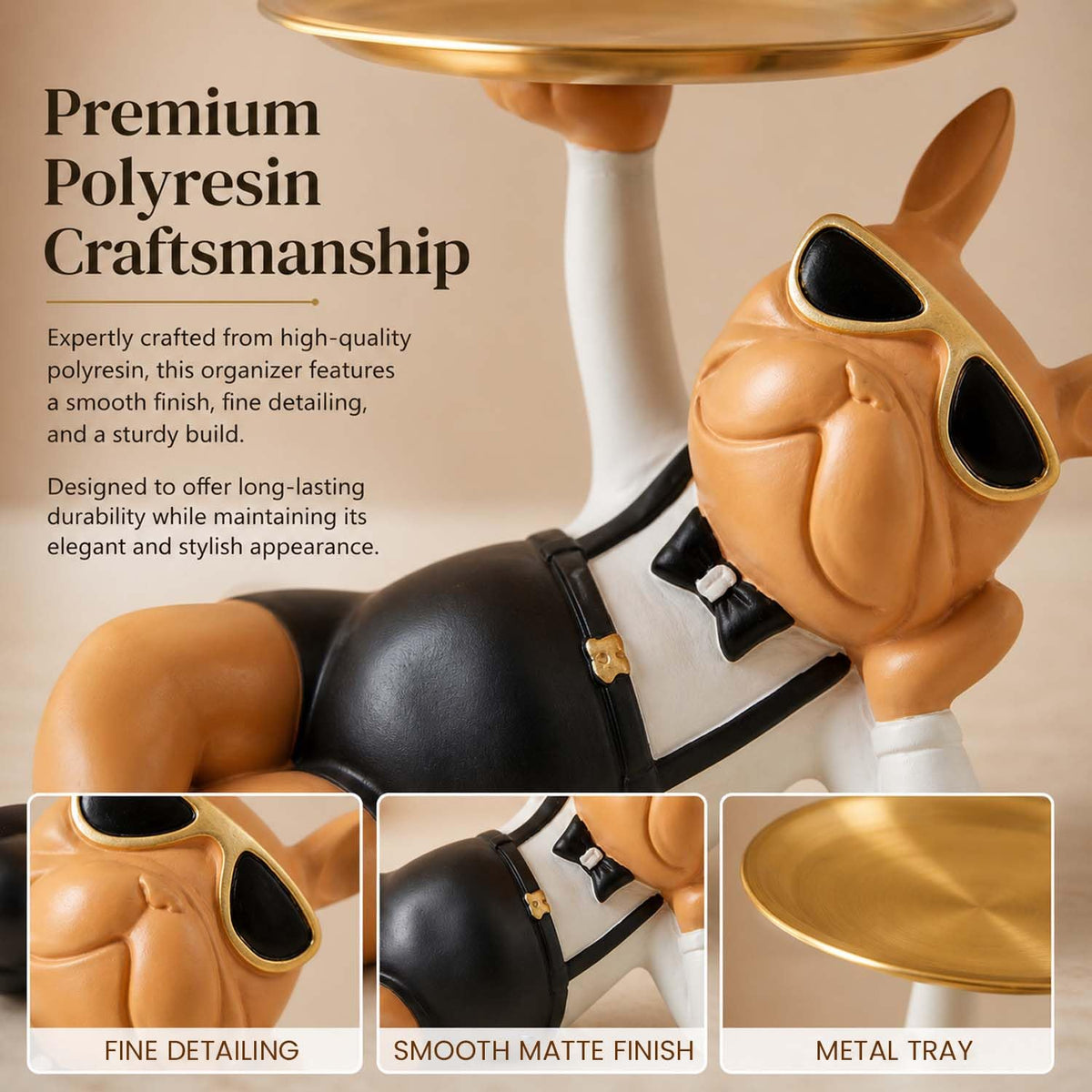Image 4 of Go Hooked Polyresin Bulldog Storage Tray Stand 25Cm | Dual Serving Decorative Sculpture | Dog Figurine Tray Stand | Luxurious Multipurpose Dog Statue for Home Decor, Office, Bar, Table, Gift (GH35)